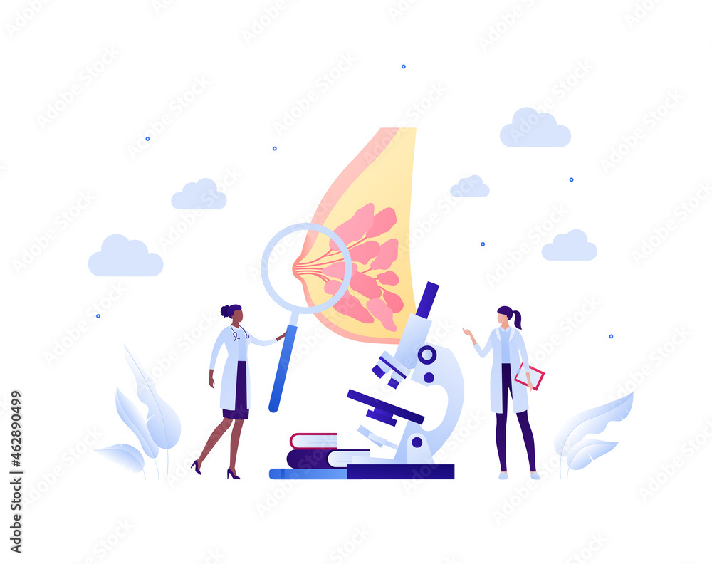 Human breast cancer checkup concept. Vector flat people medical illustration. Female doctor research team with microscope and magnifier glass. Design for healthcare, oncology, awareness month. Human breast cancer checkup concept. Vector flat people medical illustration. Female doctor research team with microscope and magnifier glass. Design for healthcare, oncology, awareness month.