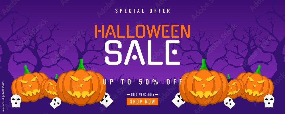 Halloween sale background with pumpkin and spider web elements. Very suitable for banner, poster, flyer, advertising, etc