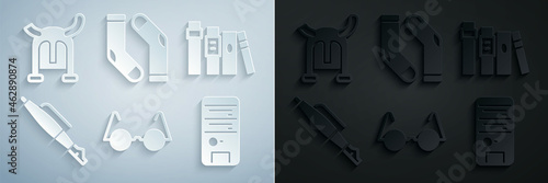 Set Eyeglasses, Book, Fountain pen nib, Computer, Socks and Viking horned helmet icon. Vector