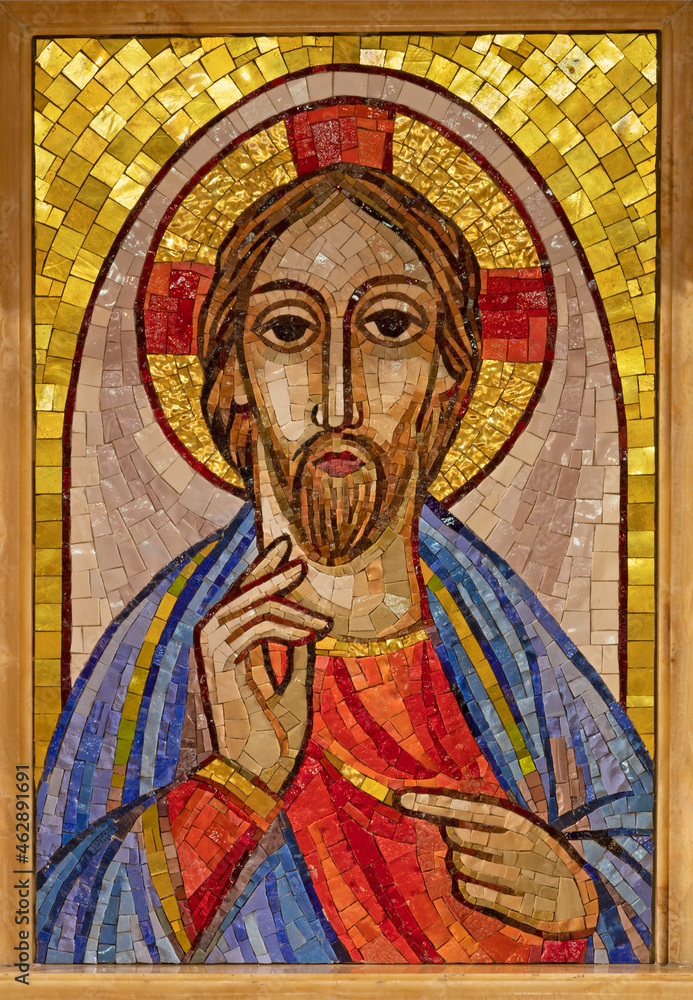 ROME, ITALY - AUGUST 31, 2021: The modern mosaic of Jesus in the church Chiesa di Santa Maria Addolorata.