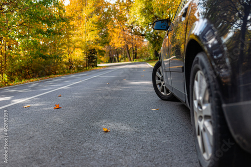 Car on asphalt road on autumn day at forest or park.Selective focus,copy space.