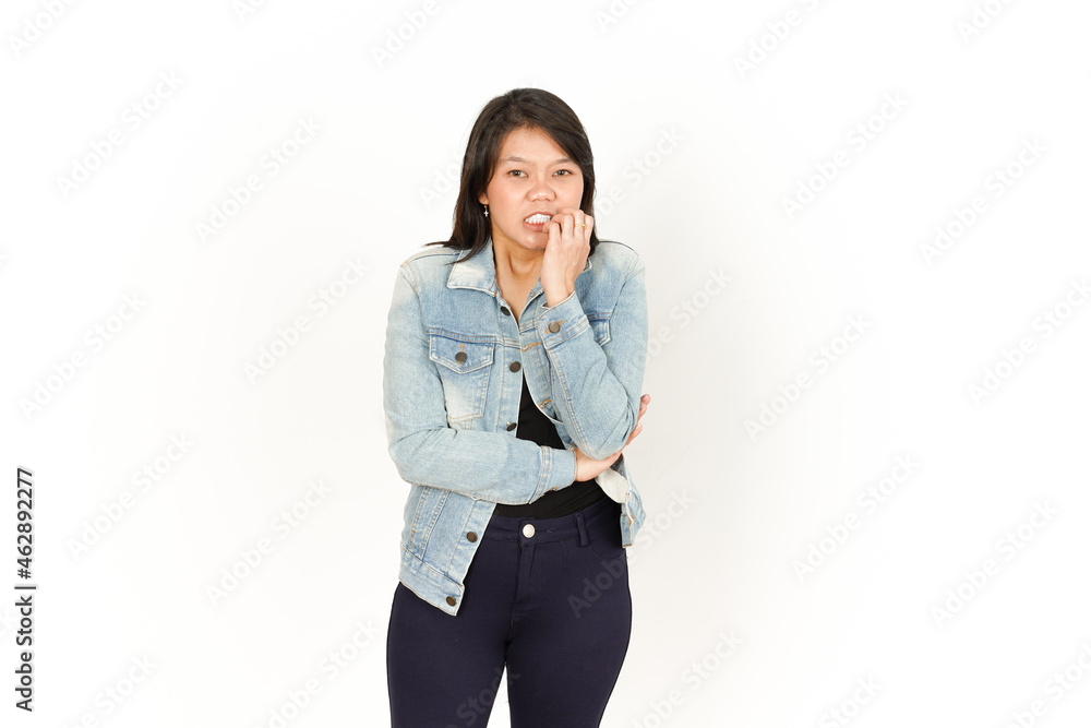 Nervous and biting nail of Beautiful Asian Woman Wearing Jeans Jacket and black shirt Isolated On White Background Nervous and biting nail of Beautiful Asian Woman Wearing Jeans Jacket and black shirt Isolated On White Background