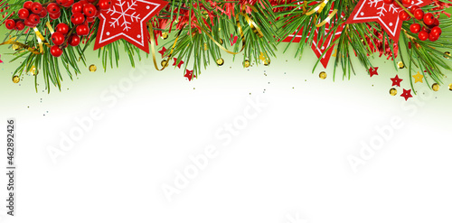 Christmas decorative top border with pine tree  clock and red wooden stars on green and white