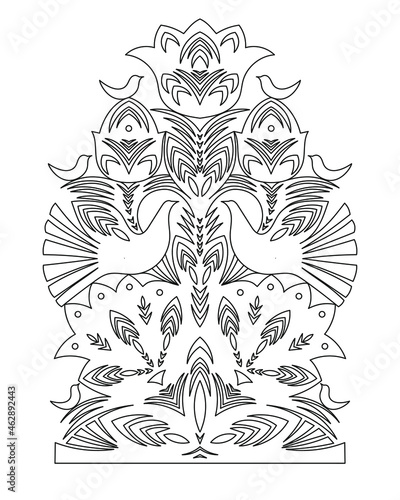 Fantastic forest with birds. Vector coloring book for children and adults. Zen and Doodle.