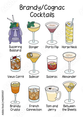 Collection set of classic brandy cognac based cocktails Sazerac, Horse Neck, Sidecar, Alexander, Crusta, Between the Sheets etc. A4 A3 international paper size picture for posters, menu decoration