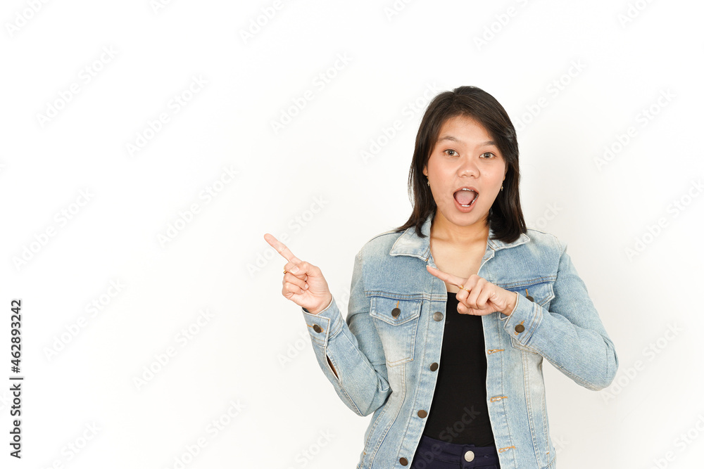 Presenting and Pointing Left Side of Beautiful Asian Woman Wearing Jeans Jacket and black shirt Isolated On White Background Presenting and Pointing Left Side of Beautiful Asian Woman Wearing Jeans Jacket and black shirt Isolated On White Background