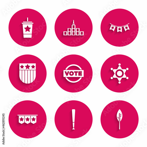 Set Vote, Baseball bat, Indian feather, Hexagram sheriff, Carnival garland with flags, Shield stars, and Paper glass straw icon. Vector