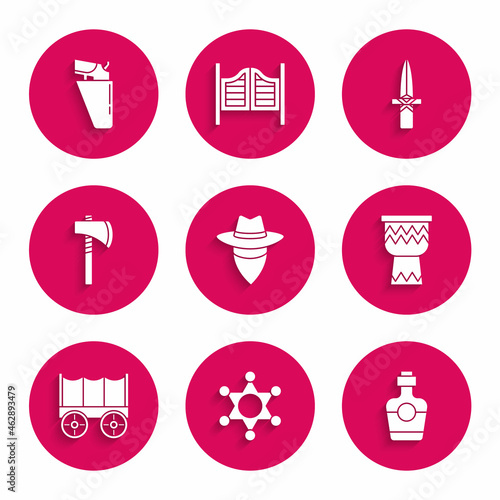 Set Cowboy, Hexagram sheriff, Tequila bottle, Drum, Wild west covered wagon, Tomahawk axe, Dagger and Revolver gun in holster icon. Vector