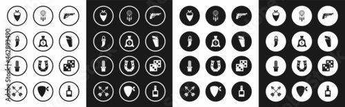 Set Revolver gun, Money bag, Tooth, Cowboy bandana, in holster, Dream catcher with feathers, Game dice and Cactus peyote pot icon. Vector