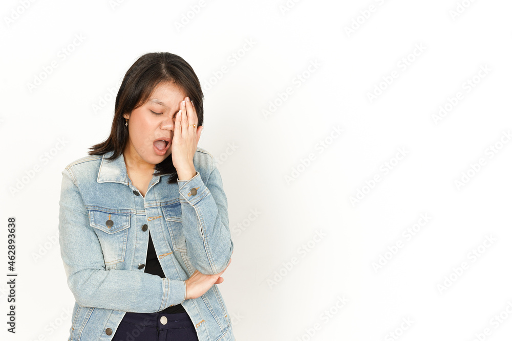 Headache of Beautiful Asian Woman Wearing Jeans Jacket and black shirt Isolated On White Background Headache of Beautiful Asian Woman Wearing Jeans Jacket and black shirt Isolated On White Background