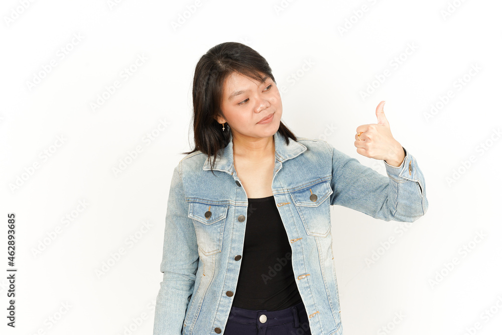 Showing Thumbs Up of Beautiful Asian Woman Wearing Jeans Jacket and black shirt Isolated On White Background Showing Thumbs Up of Beautiful Asian Woman Wearing Jeans Jacket and black shirt Isolated On White Background