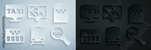Set Train, Taxi driver license, Taximeter, Magnifying glass and taxi car, Gps device with map and Location icon. Vector