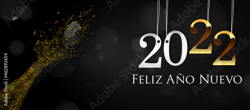 2022 New Year Spanish greeting card (Feliz Año Nuevo 2022). Spanish 2022 New Year Version. Spanish 2022 Happy New Year background.