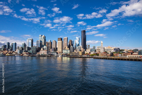 Seattle skyline during summer. View from Elliott Bay. Space Needle. Washington state.