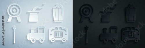 Set Toy train, Popcorn box, Magic wand, Circus wagon, Magician hat and Target icon. Vector