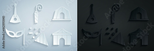 Set Festive confetti, Circus tent, mask, Birthday party horn and Balalaika icon. Vector