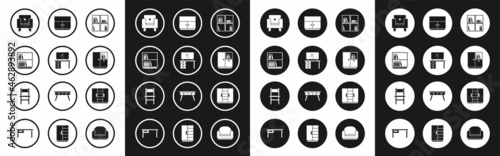 Set Shelf with books, TV table stand, Library bookshelf, Armchair, Wardrobe, and Chair icon. Vector