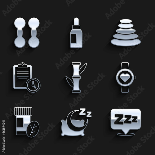 Set Bamboo  Time to sleep  Sleepy  Smart watch  Vitamin pill  Sport training program  Stack hot stones and Dumbbell icon. Vector
