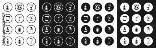 Set Wine glass, Martini, Shot, bottle with, Alcohol or beer bar location, Glass of whiskey, and Bottle cognac brandy icon. Vector