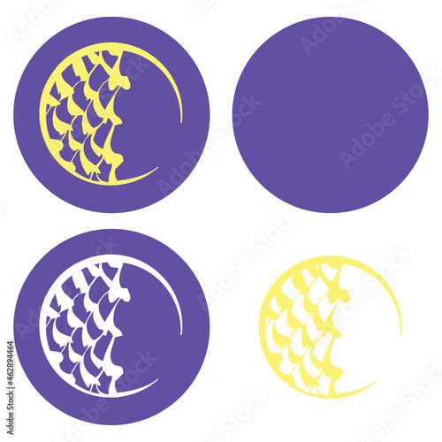 Circular round vector graphic in purple with central yellow wave and half moon logo design part of a candy inspired series. Layered SVG design digital cutter software friendly