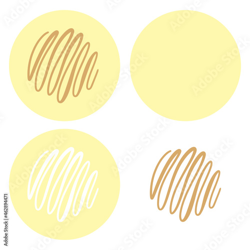 Circular round vector graphic in cream with central piped drizzle of caramel sauce part of a candy inspired series. Layered SVG design digital cutter software friendly