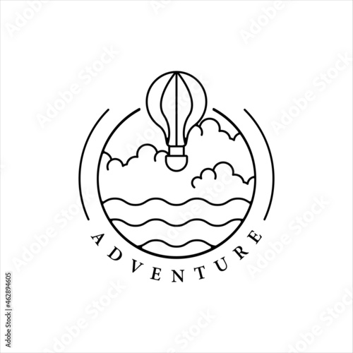 air balloon logo line art simple minimalist vector illustration template icon design. adventure fly with balloon business transportation concept with badge typography