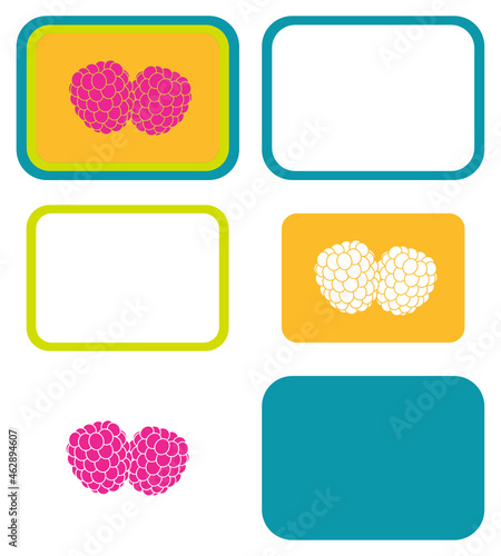 Round cornered rectangle box bordered vector graphic in turquoise and lime with orange centre and raspberry decoration part of a candy inspired series. Layered SVG design suitable for use as cut file.
