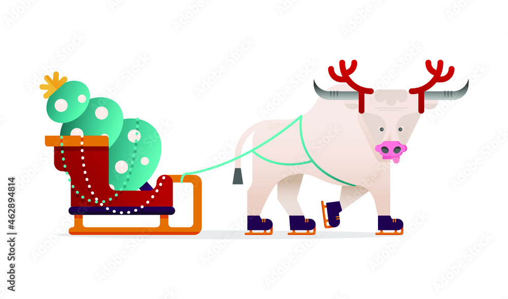 Naklejka premium Christmas Icons with Flat Cute Bull on Skates with Deer Horns, Christmas Tree, Sleigh Isolated on White Background. Happy New Year and Merry Christmas Stickers.