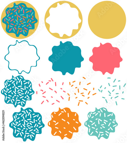 Light beige biscuit brown round circular doughnut with turquoise blue iced frosting and multicoloured sugar strand sprinkles. Grouped vector and separated SVG layers, suitable as cut file.
