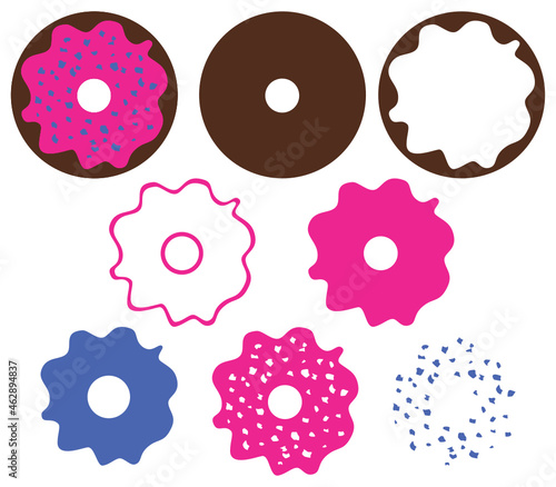 Dark chocolate brown round circular doughnut cookie with hole, fuschia pink iced frosting and blue crumb chip sugar sprinkles. Grouped vector and separated SVG layers, suitable as cut file. 