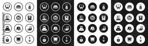 Set Ramadan Kareem lantern, No pig, Muslim cemetery, Holy book of Koran, Gift box, hat for prayer, Wudhu and woman in niqab icon. Vector