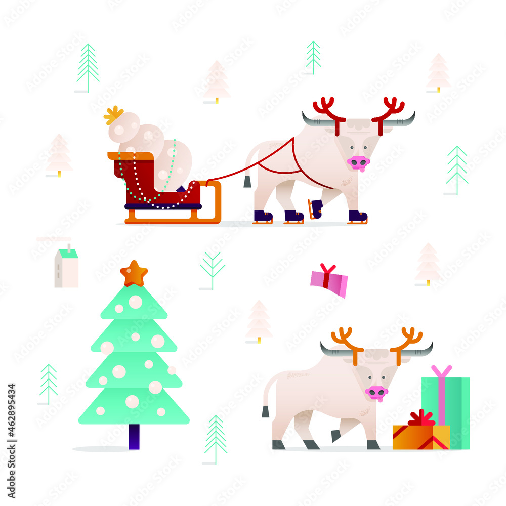Fototapeta premium Set of Christmas Icons with Flat Cute Bull with Deer Horns, Christmas Tree, Sleigh. Happy New Year and Merry Christmas Stickers. Presents, Gifts, Christmas Tree, Buildings.