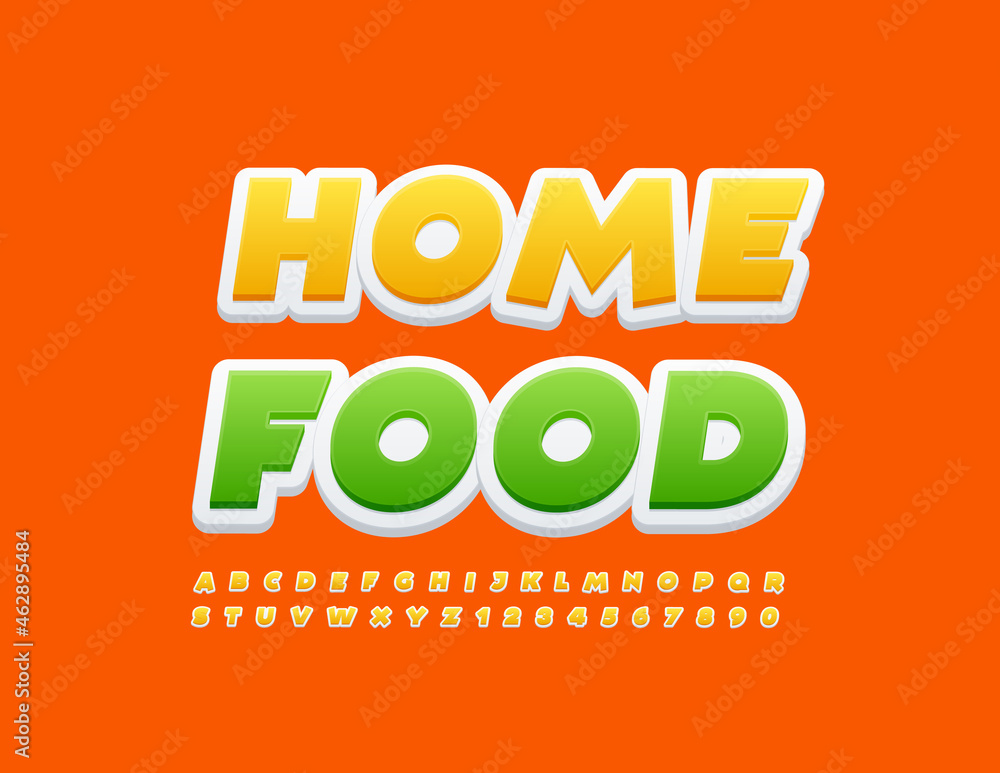 Naklejka premium Vector colorful Poster Home Food. Bright modern Font. Artistic 3D Alphabet Letters and Numbers set