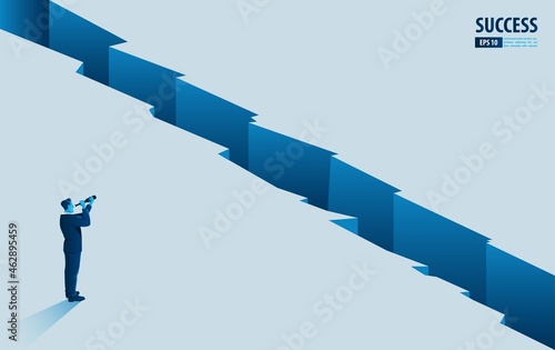 Businessman character looking through telescope seeing success vision with arrow up. Financial, Return on investment ROI chart increase profit vector illustration concept.