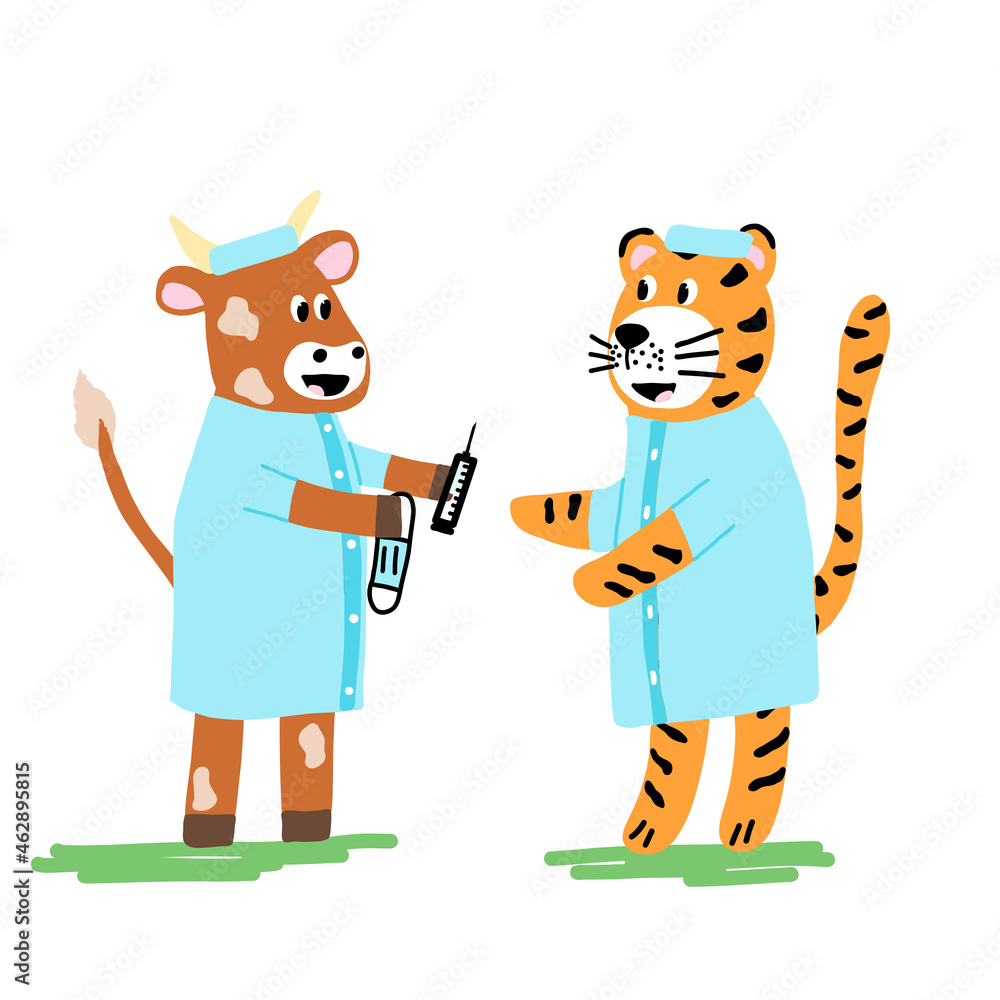 Illustration with doctor tiger and cow chinese new year symbol holding syringe and mask,concept for 2022 vaccination against covid,hand drawn tiger in medical uniform on white background Illustration with doctor tiger and cow chinese new year symbol holding syringe and mask,concept for 2022 vaccination against covid,hand drawn tiger in medical uniform on white background