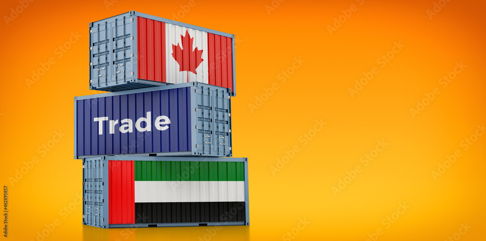 Shipping containers with United Arab Emirates and Canada flag. 3D Rendering 