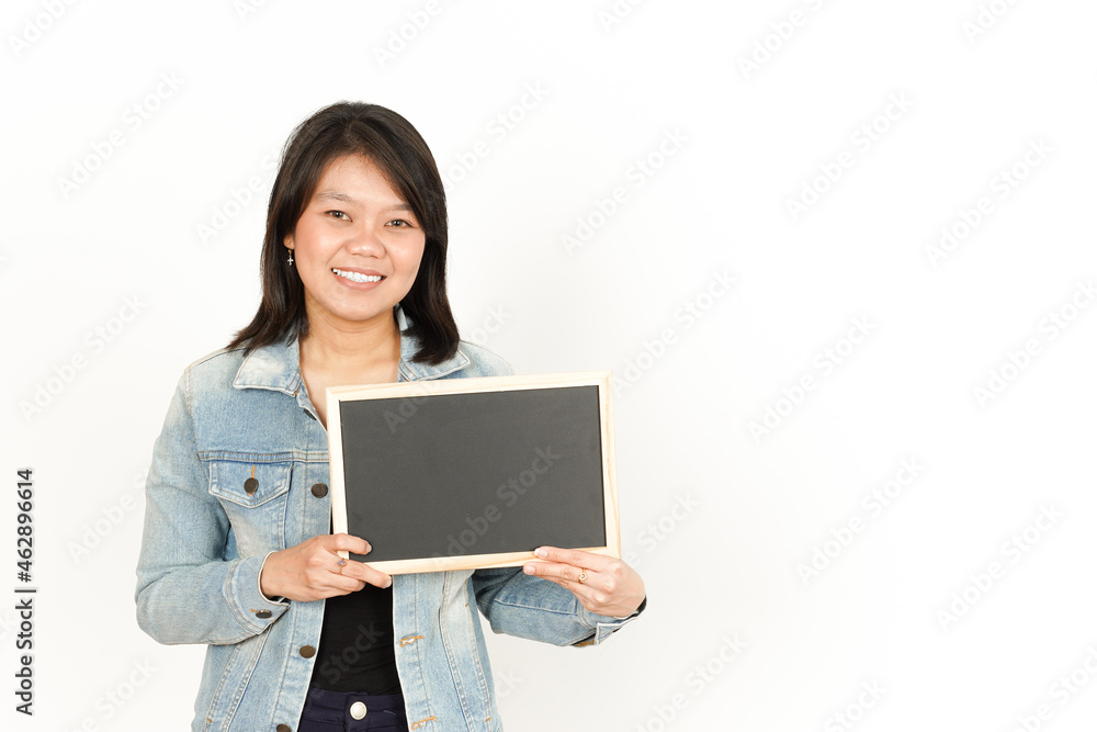Showing, Presenting and holding Blank Blackboard of Beautiful Asian Woman Wearing Jeans Jacket and black shirt Isolated On White Background Showing, Presenting and holding Blank Blackboard of Beautiful Asian Woman Wearing Jeans Jacket and black shirt Isolated On White Background