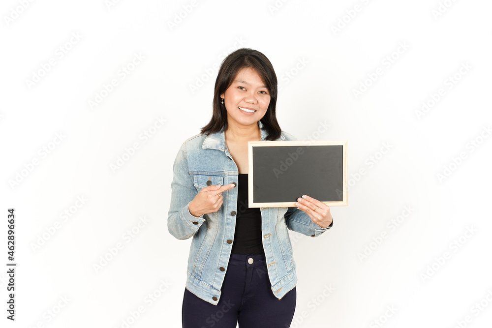 Showing, Presenting and holding Blank Blackboard of Beautiful Asian Woman Wearing Jeans Jacket and black shirt Isolated On White Background Showing, Presenting and holding Blank Blackboard of Beautiful Asian Woman Wearing Jeans Jacket and black shirt Isolated On White Background