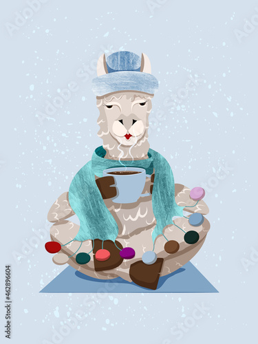 Vector character of lama in joga poses with cup of drink. Winter design for card, poster, background