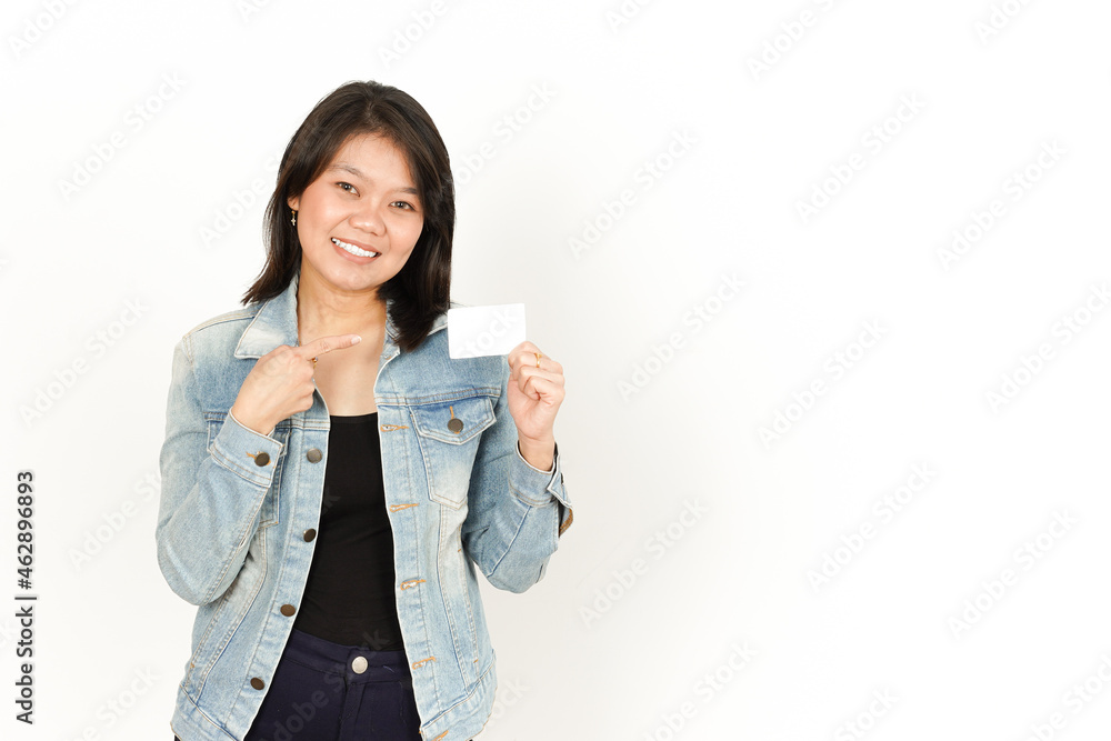 Showing, Presenting and Holding Blank Credit Card of Beautiful Asian Woman Wearing Jeans Jacket and black shirt Isolated On White Background Showing, Presenting and Holding Blank Credit Card of Beautiful Asian Woman Wearing Jeans Jacket and black shirt Isolated On White Background