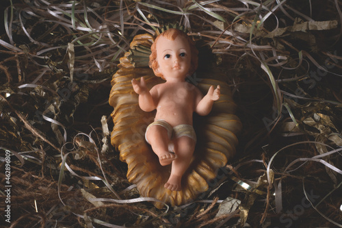 Nativity scene. Baby Jesus figure isolated. traditional christmas scene photo