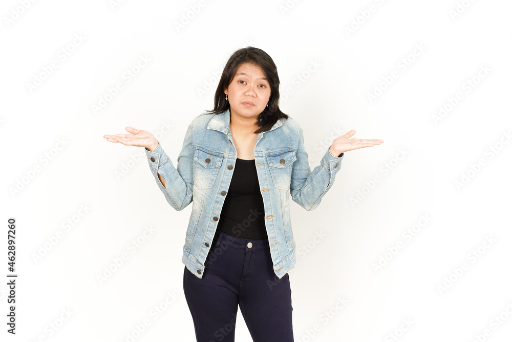 Doubt Confused Gesture of Beautiful Asian Woman Wearing Jeans Jacket and black shirt Isolated On White Background Doubt Confused Gesture of Beautiful Asian Woman Wearing Jeans Jacket and black shirt Isolated On White Background
