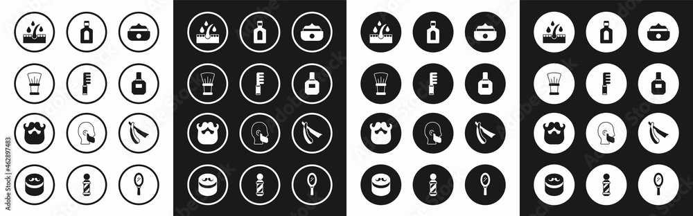 Set Gel or wax for hair styling, Hairbrush, Shaving, Oil care treatment, Aftershave, Bottle of shampoo, Straight razor and Mustache and beard icon. Vector