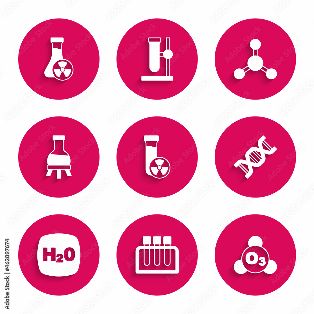 Set Test tube with toxic liquid, Ozone, DNA symbol, Chemical formula H2O, Molecule and icon. Vector Set Test tube with toxic liquid, Ozone, DNA symbol, Chemical formula H2O, Molecule and icon. Vector