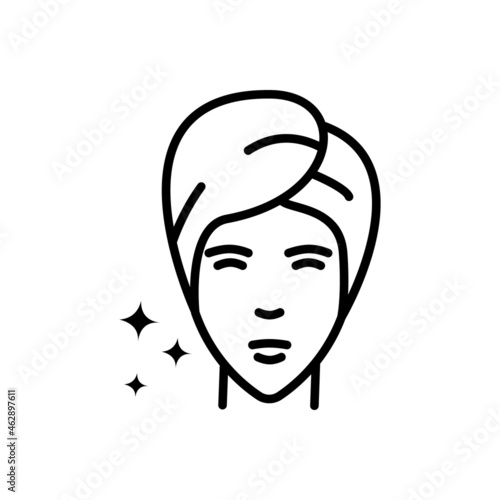 Facial skin care vector line icon. A woman's face with healthy, radiant skin. Design of care cosmetics for face, spa salon, beauty salon. Black outline isolated on a white background © Juli