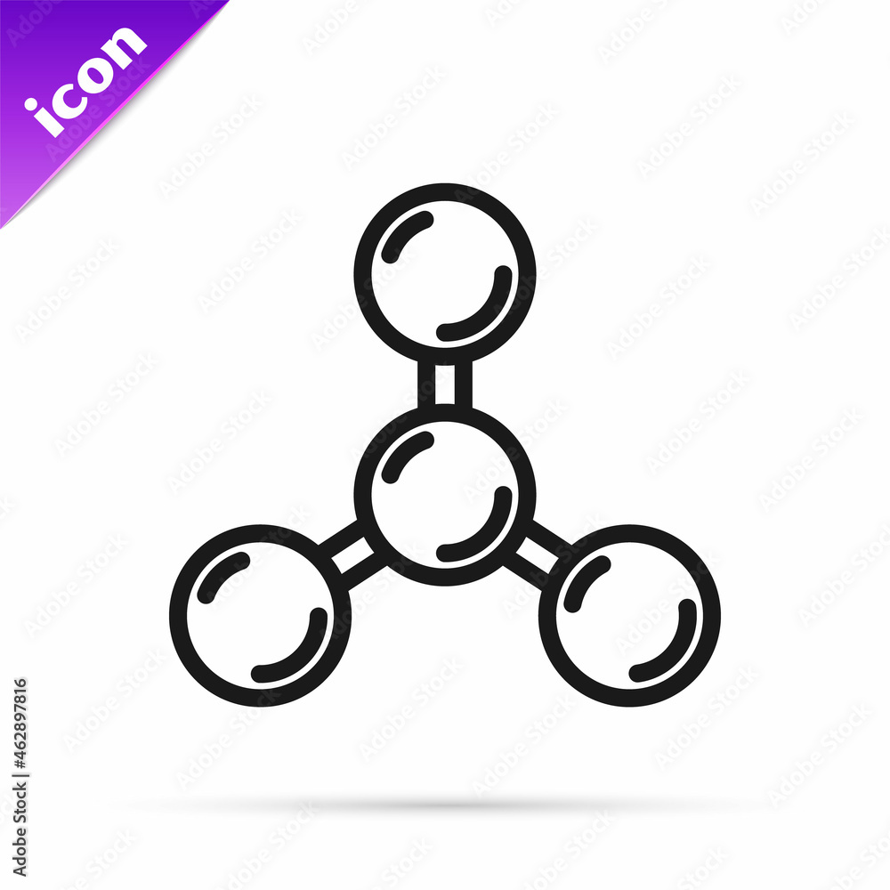 Black line Molecule icon isolated on white background. Structure of molecules in chemistry, science teachers innovative educational poster. Vector Black line Molecule icon isolated on white background. Structure of molecules in chemistry, science teachers innovative educational poster. Vector