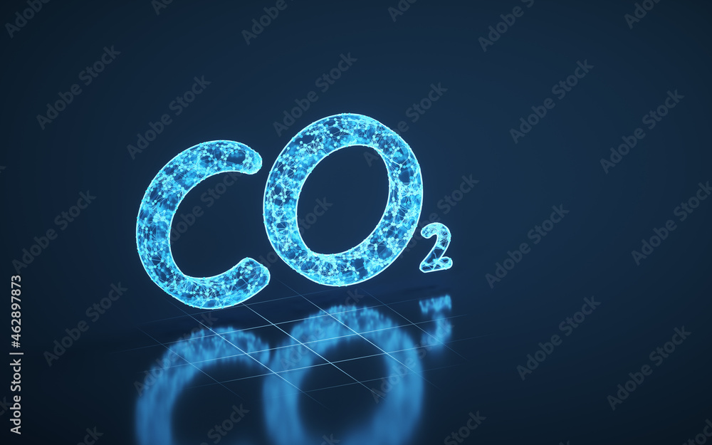 Carbon dioxide and blue glowing lines, 3d rendering. Carbon dioxide and blue glowing lines, 3d rendering.