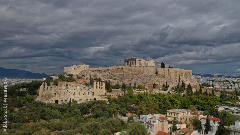 Aerial drone photo of Masterpiece Acropolis hill and the Parthenon on a beautiful cloudy morning, Athens, Attica, Greece