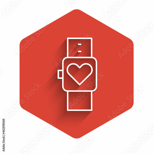 White line Smart watch showing heart beat rate icon isolated with long shadow. Fitness App concept. Red hexagon button. Vector