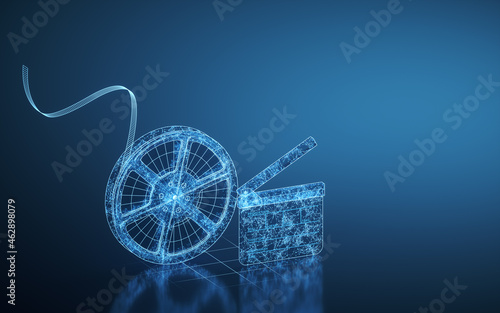 Фотография Clapper board with blue background, 3d rendering.